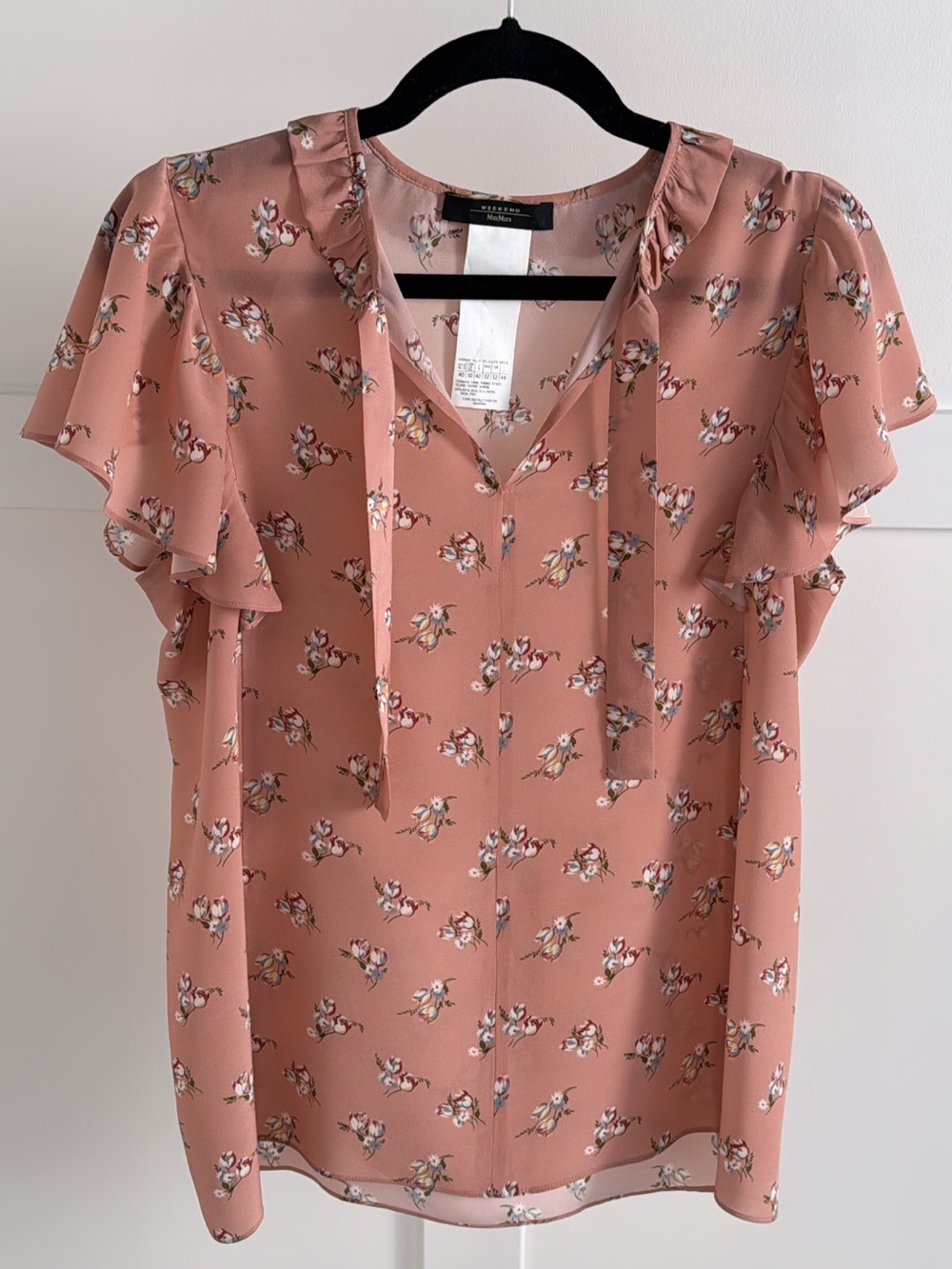 MaxMara Silk Rose Pink Floral Tie-Neck Flutter Sleeve Blouse